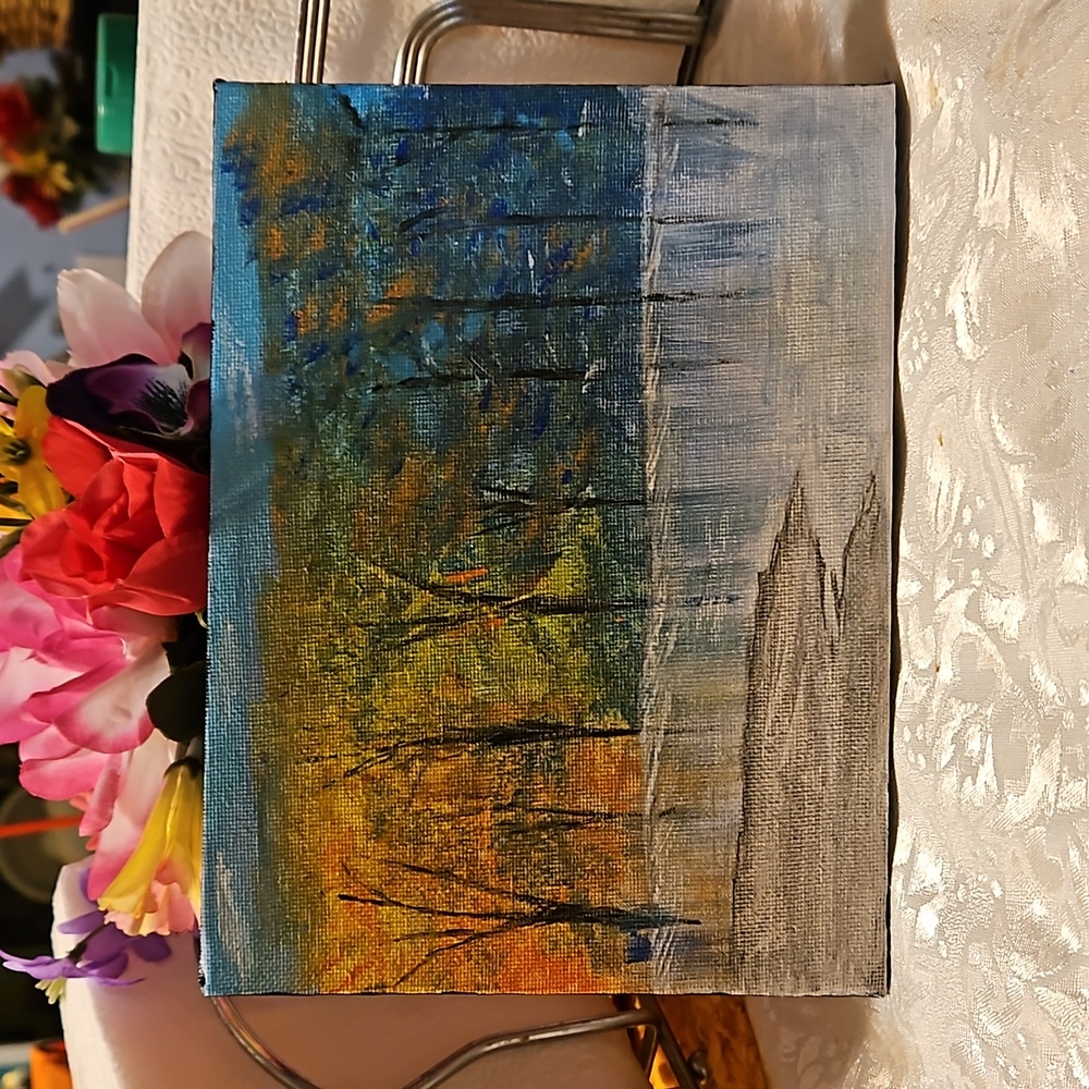 From mom's closet a painting that she did on a canvas board measures 6×8